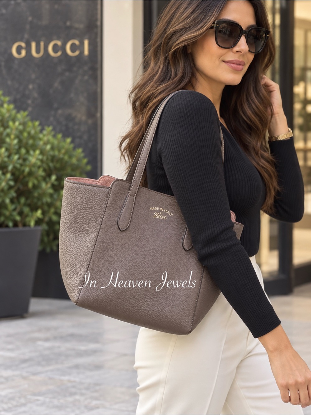 Auth GUCCI Swing Tote Bag Leather Pink Brown Bicolor Medium Shoulder Handbag